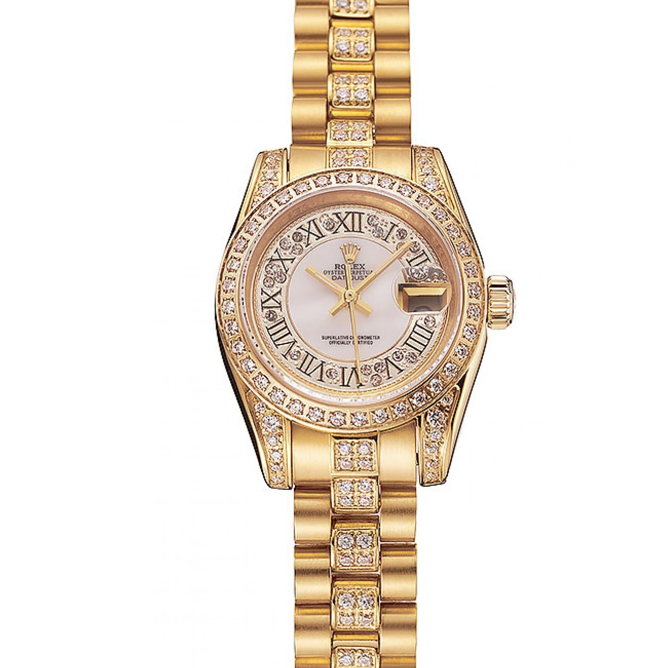 Rolex aaa copy Rolex 1453957 DayJust Swiss Bracelet Pave White Diamond Dial Gold Diamond 0721